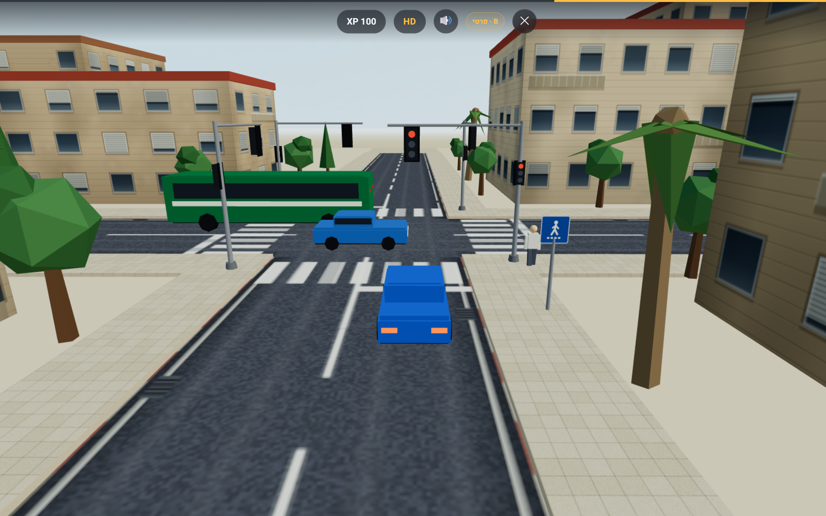 מבט על הרכב מלמעלה בתוך תרחיש נהיגה אינטראקטיבי
